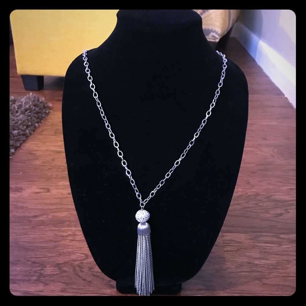 Silver tassel necklace with rhinestones